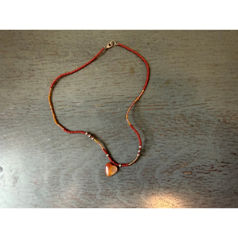 Handmade Beaded Heart Necklace Carnelian Stone Red Seed Bead Boho 15 Inch